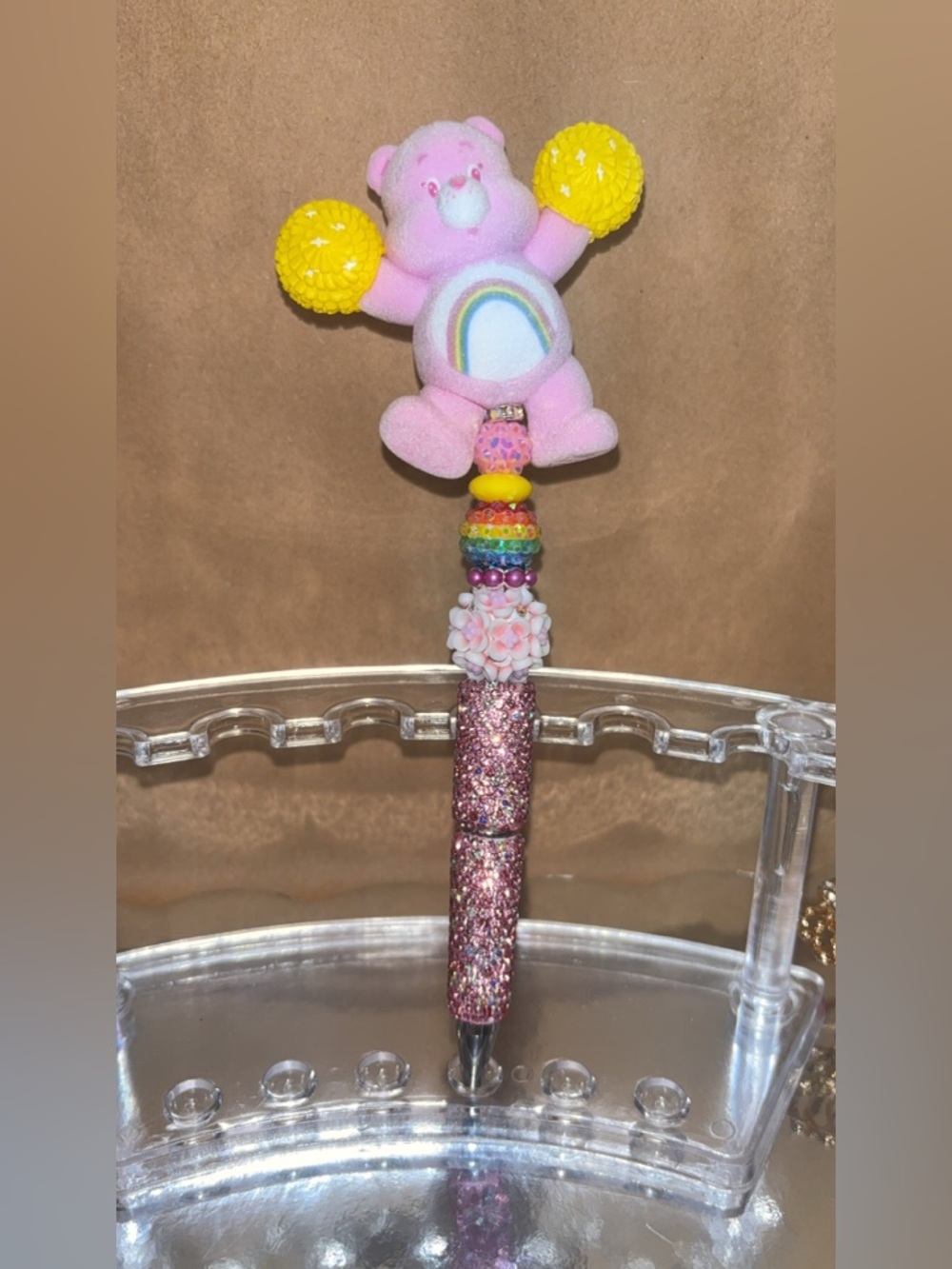 Pink Glitter Cheer CareBear Pen with Rainbow Beads